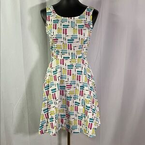 Retrolicious White Multicolor Mascara Print Sleeveless Fit & Flare Dress